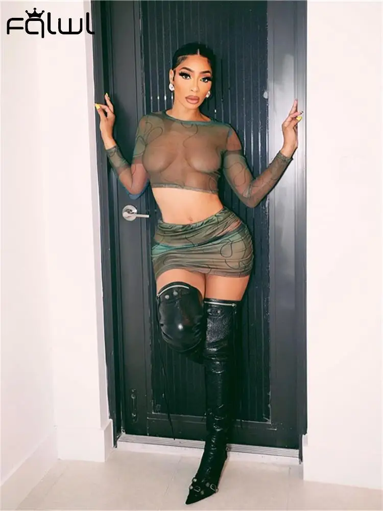 

Соблазнительный сетчатый кроп-топ с длинным рукавом и юбка, женский летний комплект из двух предметов с зеленым принтом и прозрачной юбкой, 2023