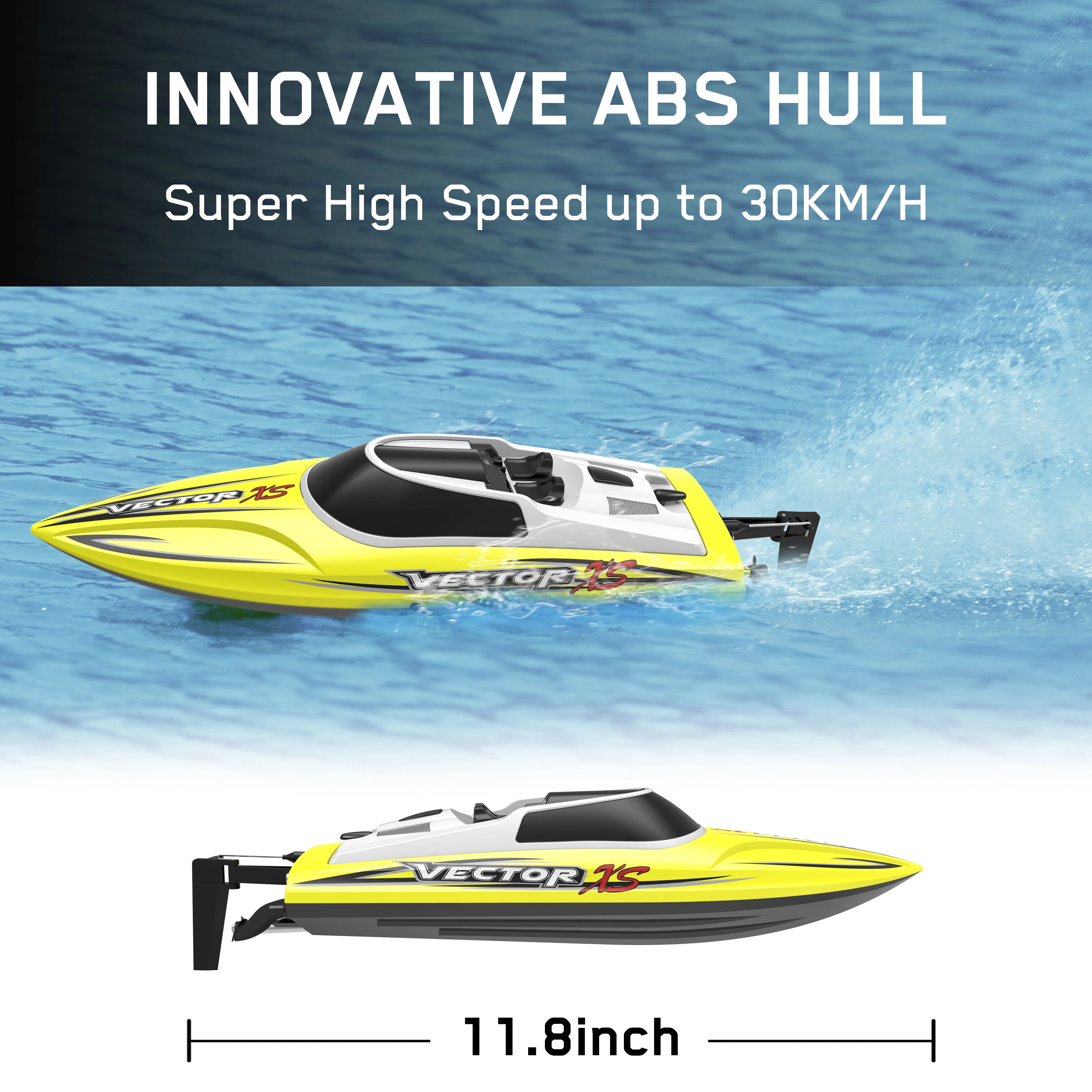 Bateau électrique pour piscine et lac, radiocommandé 2,4 GHz, vue arrière avec hélice.