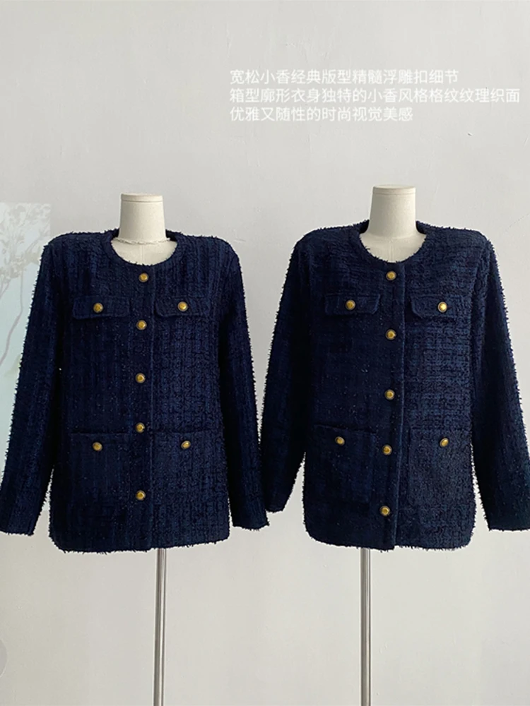 

Fashion Jacket O-Neck Luxury Classical Coats Vintage Long Sleeve Chic Outerwear Navy Color High Street Office Lady Autumn Winter