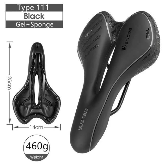 WEST BIKING Bike Saddle MTB Mountain Road Bike Seat PU Leather Gel Filled Cycling Cushion Comfortable Shockproof Bicycle Saddle 111 Black