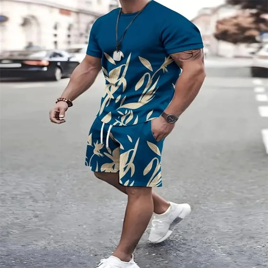 Men's crewneck T-shirt and shorts. - blue