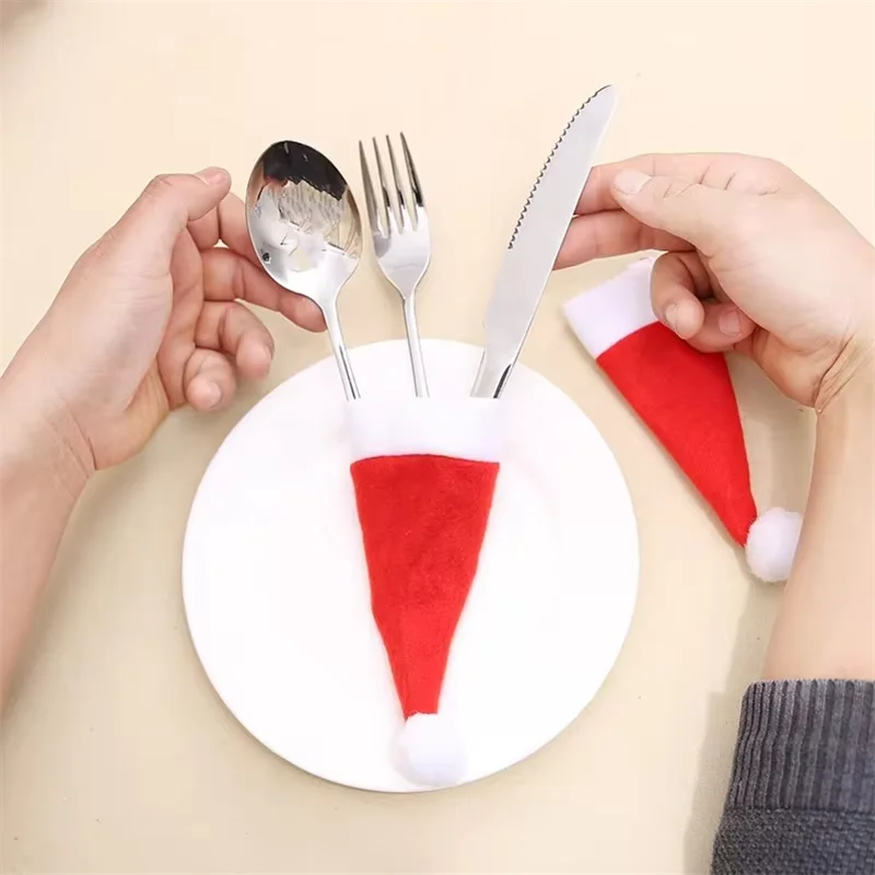 Mini Christmas Hat Wine Bottle Beverage Bottle Cap Decoration Knife Fork Santa Claus Hat Set Christmas Party Scene Decoration
