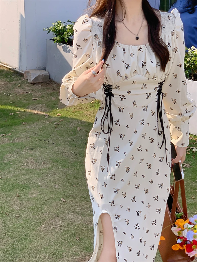 Spring 2022 New Retro Square Neck Floral Dresses Women  Fashion Puff Long Sleeve Chiffon Dress Drawstring Slit Vestidos Mujer boho dresses