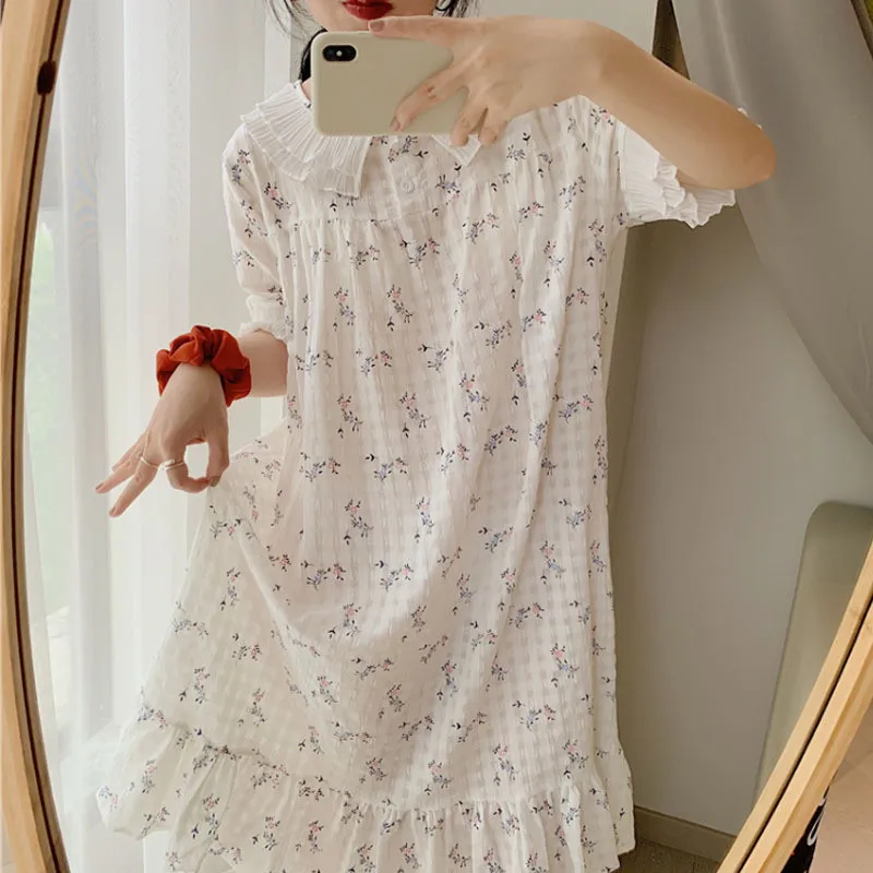 

Fdfklak 2022 Japanese Soft Girl Nightdress Linen Cotton Nightgowns Women Dress Cute Floral Thin Sleepshirt Ladies Home Clothes