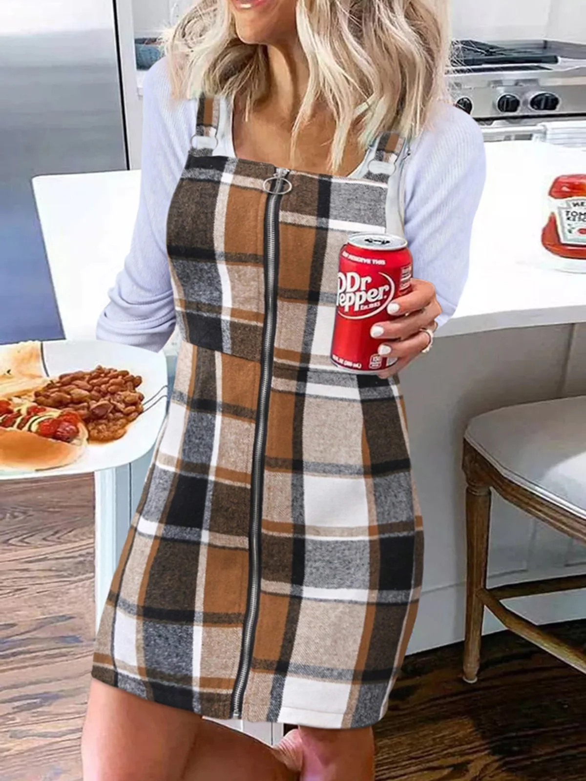 Plaid Zipper Overall Mini Dress without Tee Print Knee Length Casual Everyday 2023 New Fashion Elegant Ladies Sleeveless Skirt