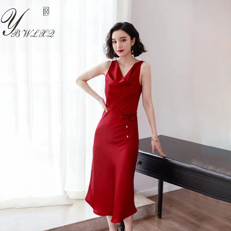 

Summer Satin Flowy Dress Fashion Elegant Sleeveless Lace-Up Solid Color V-Neck Party Dress Women Chic Vintage Evening Dresses