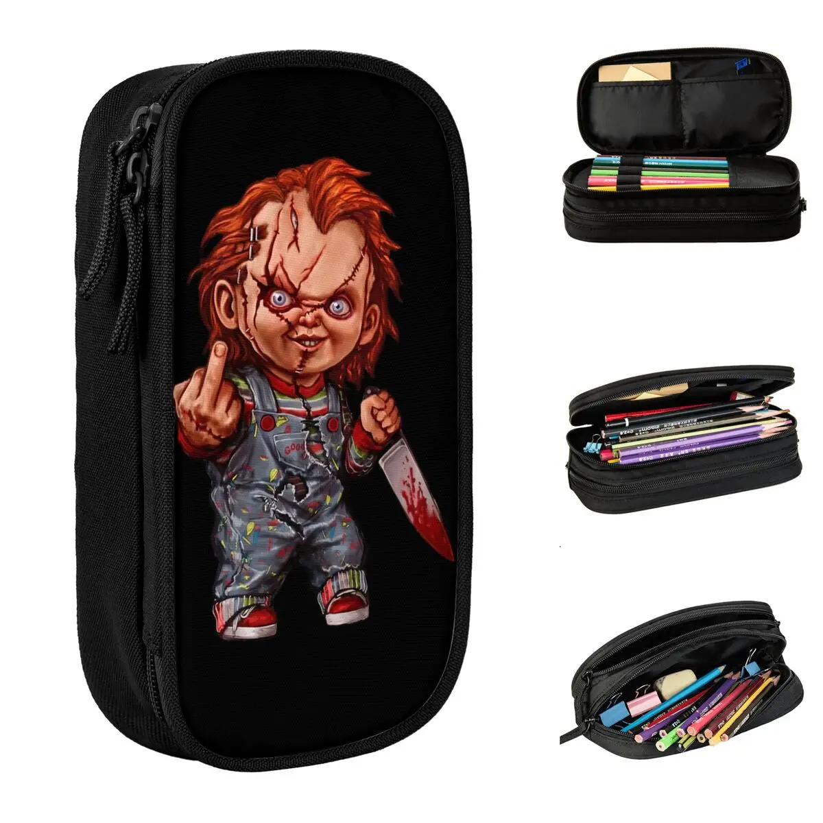 

Large-capacity Pen Box The Killer Doll Office Supplies Horror Chucky Double Layer Pen Case Girl Make Up Bag Birthday Gift
