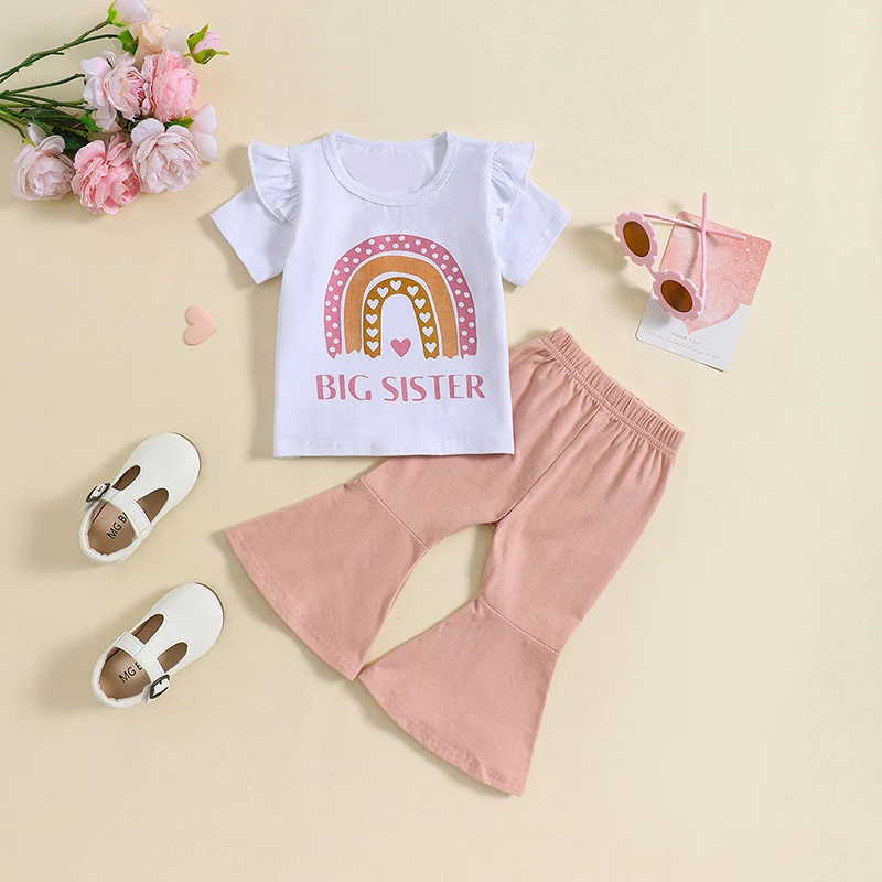

2024-04-29 Lioraitiin Kids Girl Summer Outfits Rainbow Letter Print Short Sleeves T-Shirt and Elastic Flare Pants Cute Clothes