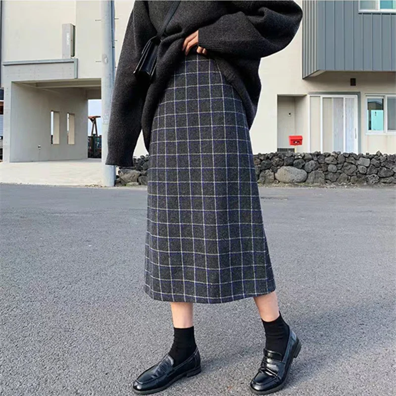Midi Skirt Woolen Women Vintage Elastic High Waist Plaid Harajuku Skirt Autumn Winter Korean Loose Teens College A-Line Skirt