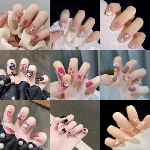 24Pcs False Nails Cute Style Fake Nails Jelly Finger Nail Manicure Decoration Nail With Glue Fake Nail Wear Nail Patch Removable