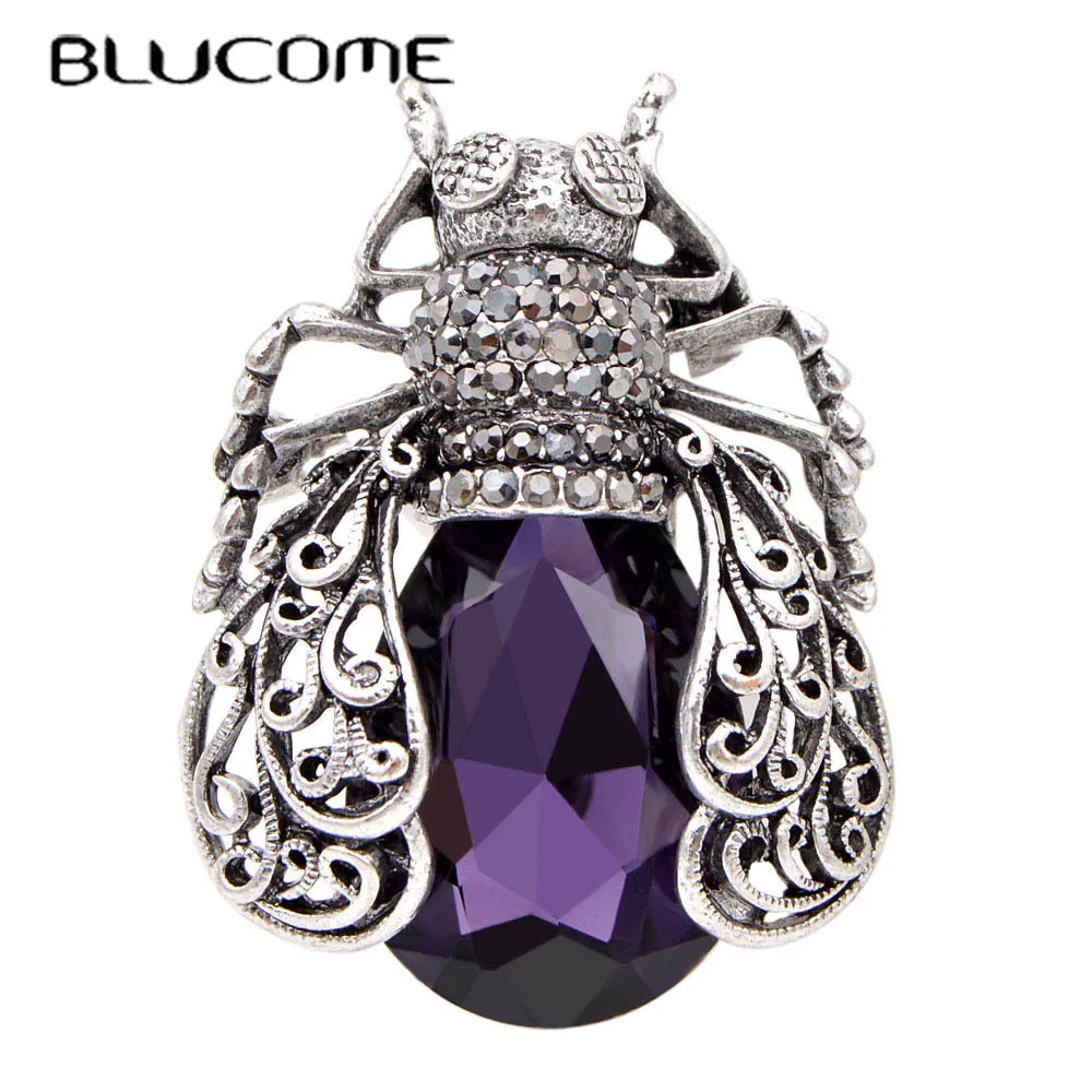 

Blucome 3 Colors Choose Crystal Bug Brooches for Women Vintage Fashion Beetle Pins Hollow-out Style High Quality