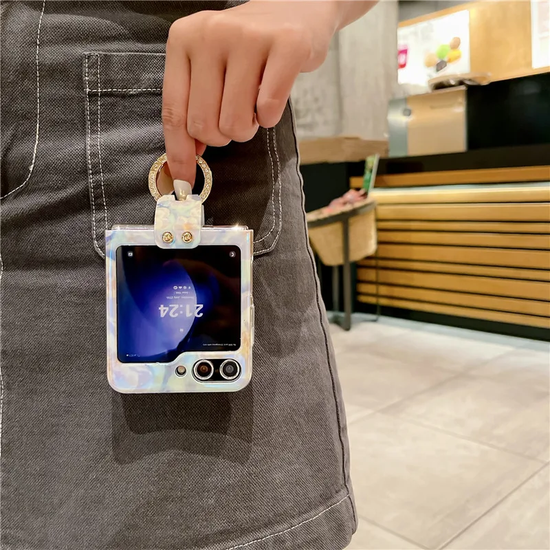 Ring Blu-ray Flower Phone Case For Samsung Galaxy Z Flip 5 4 3 5G PC Protective Flip5 Flip4 Flip3 Cover