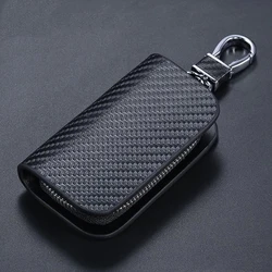 Premium Leather Car Keychain Case with Carbon Fiber Pattern - Zipper Closure Auto Accessory (For  Peugeot  logo)