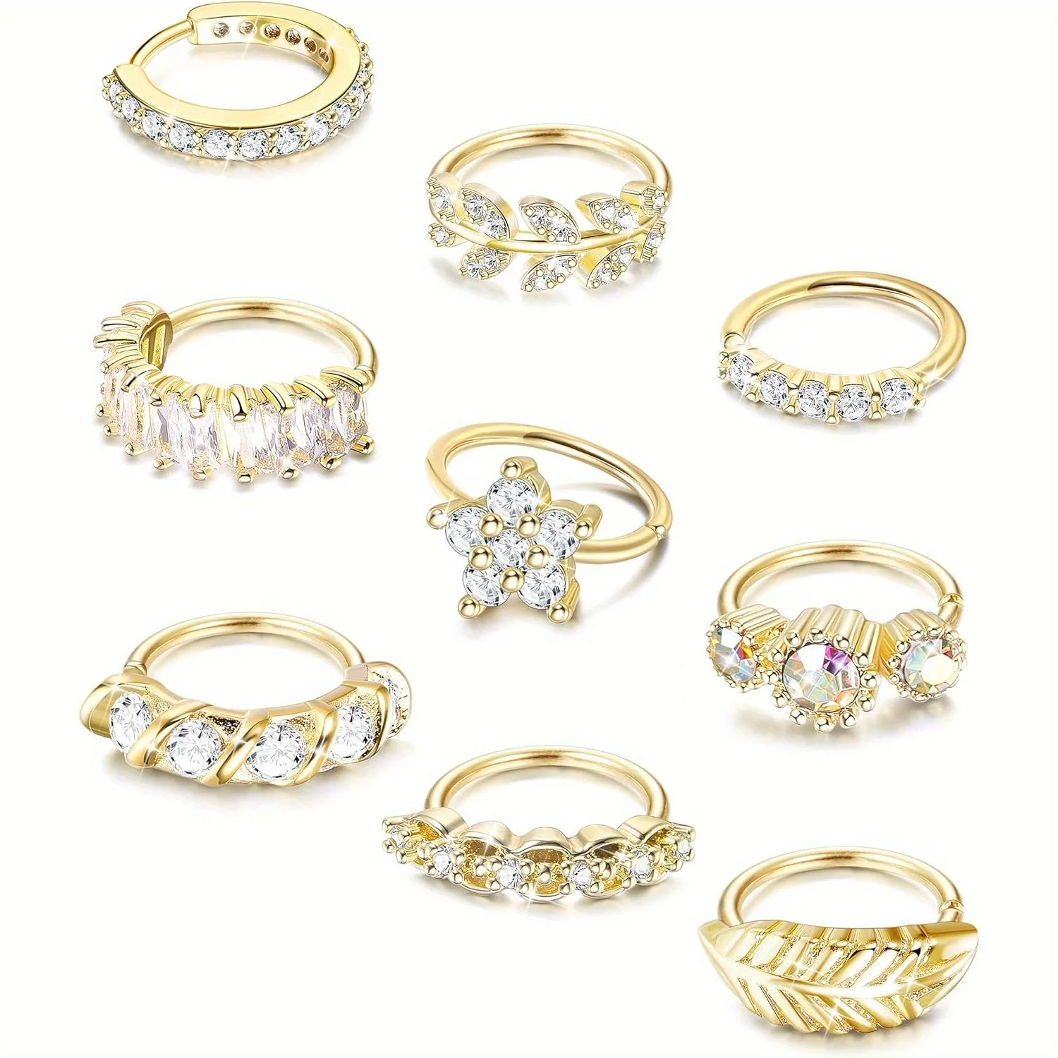Nose Rings Drperfect Stainless Steel Nose Ring Hoop Stud Paved CZ Leaf Feather Flower Crawler Nose Ear Cartilage Ear Piercing Hoop