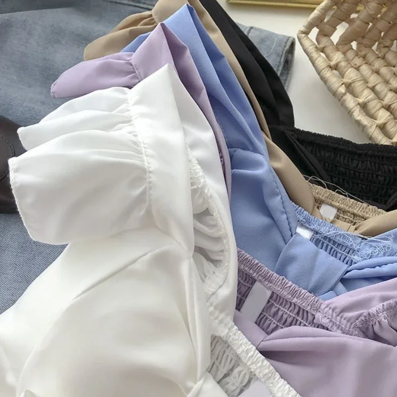 여성용 크롭탑 캐미스 러플, 우아한 심플 스트리트웨어, 빈티지 여름 휴가 캐주얼, 젊은 미적, 올매치 얼짱, 신상