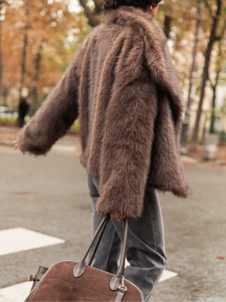 Retro Collar Long Sleeved Buttons Women's Faux Fur Coats Winter Thick Warm Solid Color Fury Jacket Female High Street Outerwear 3