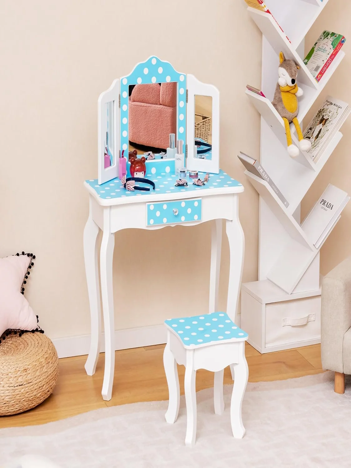 Kinder schmink tisch mit Hocker, 2-in-1-Schminktischschreibtisch mit dreifachem Klapp spiegel, abnehmbarer Oberseite und Schublade, Prinzessin – Detail 1