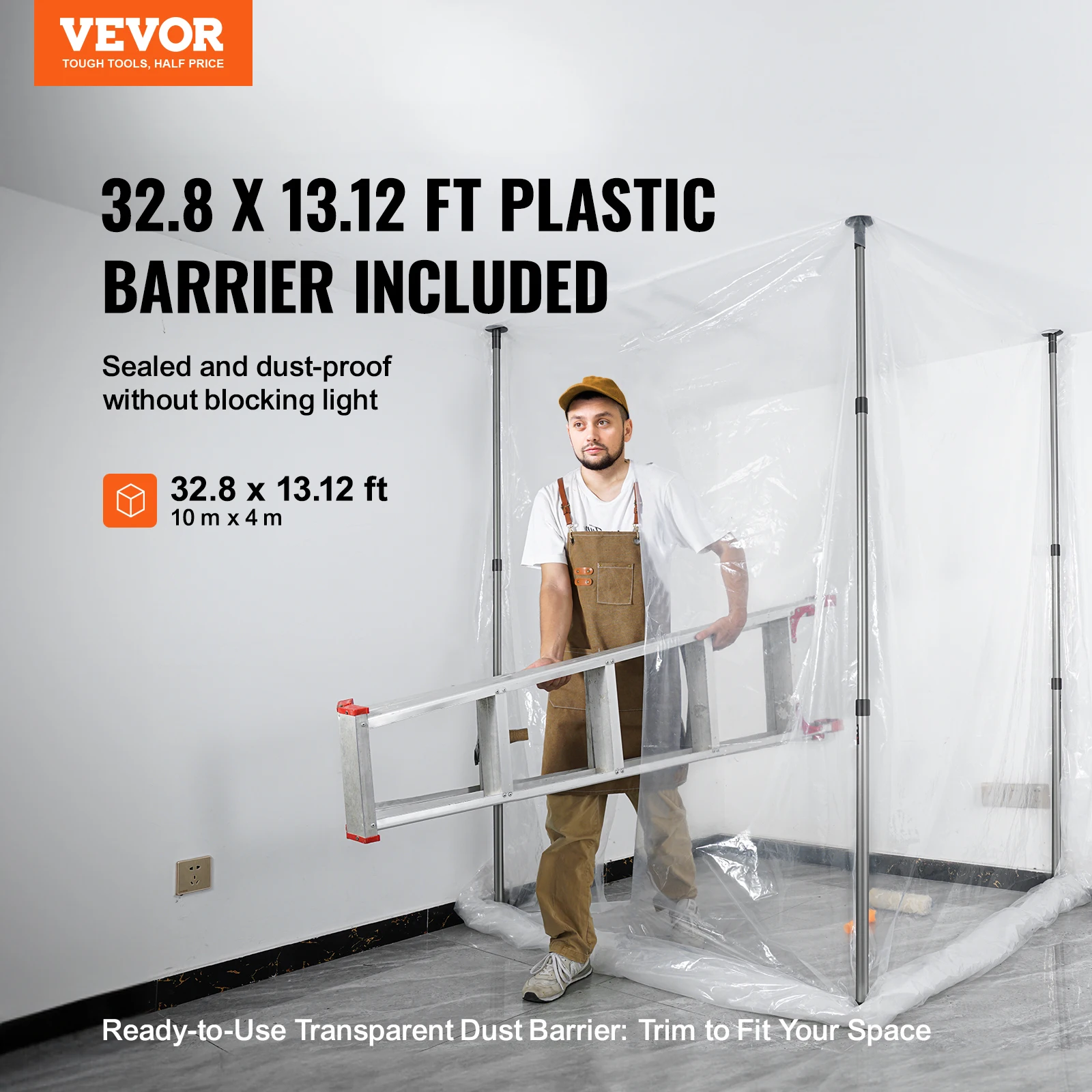 VEVOR Dust Barrier Poles Dust Barrier System w/ 4 Telescoping Poles Plastic Film Carry Bag for Interior Decoration Paint Project