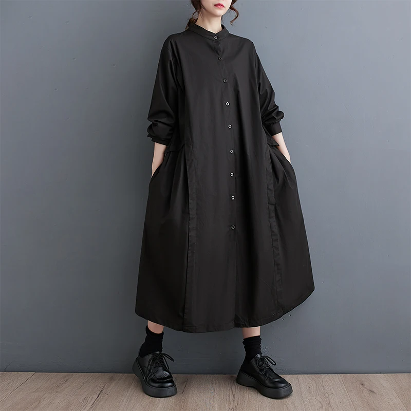 

SuperAen 2024 Spring New Stand Up Collar Solid Color Patched Folded Korean Style Long Shirt Dress