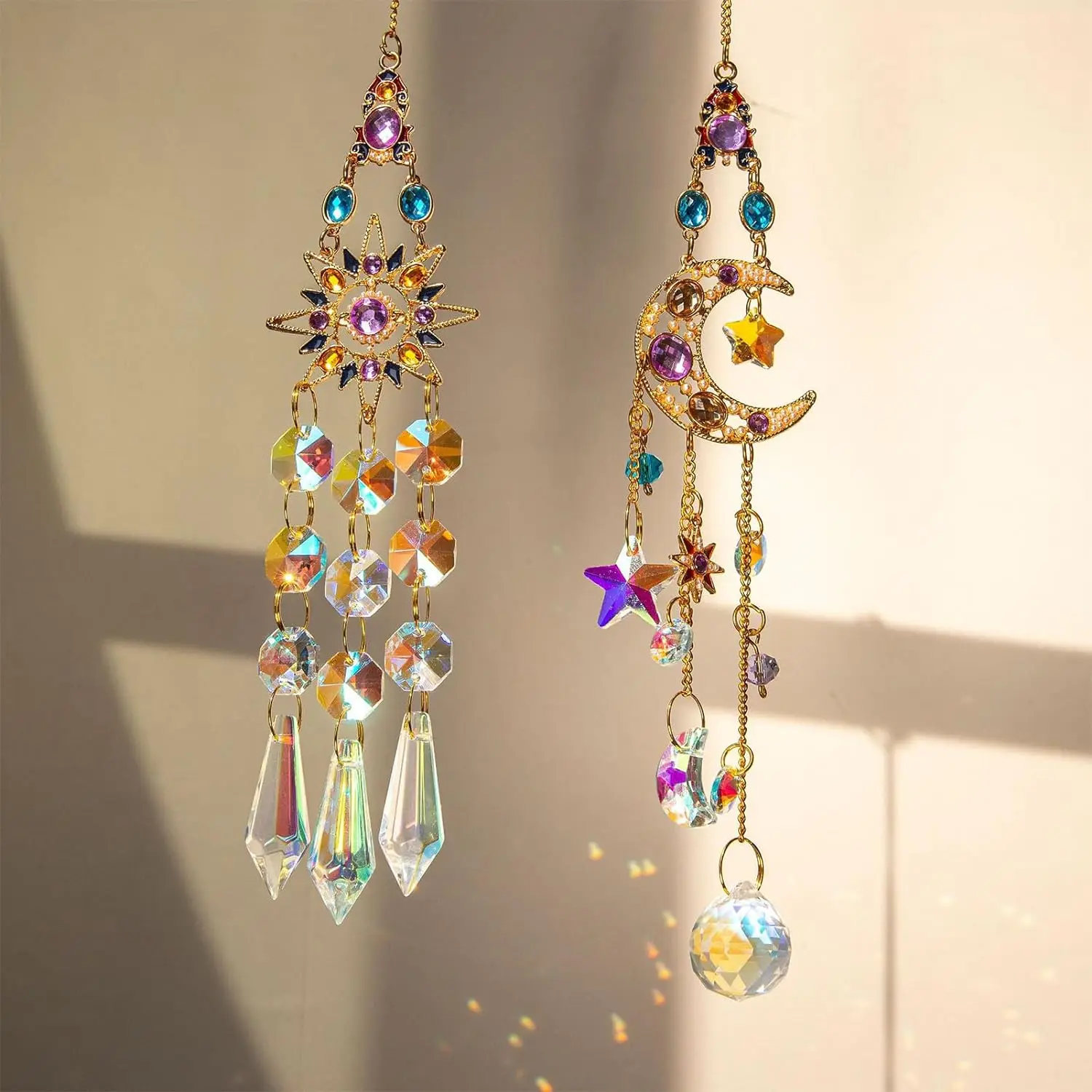 

Кристаллы Луны и звезды 2 шт., подвесное украшение, подвесной Кристалл Луны и звезды, Радужный кристалл, Декор для дома, сада, комнаты, Ловец Луны и солнца