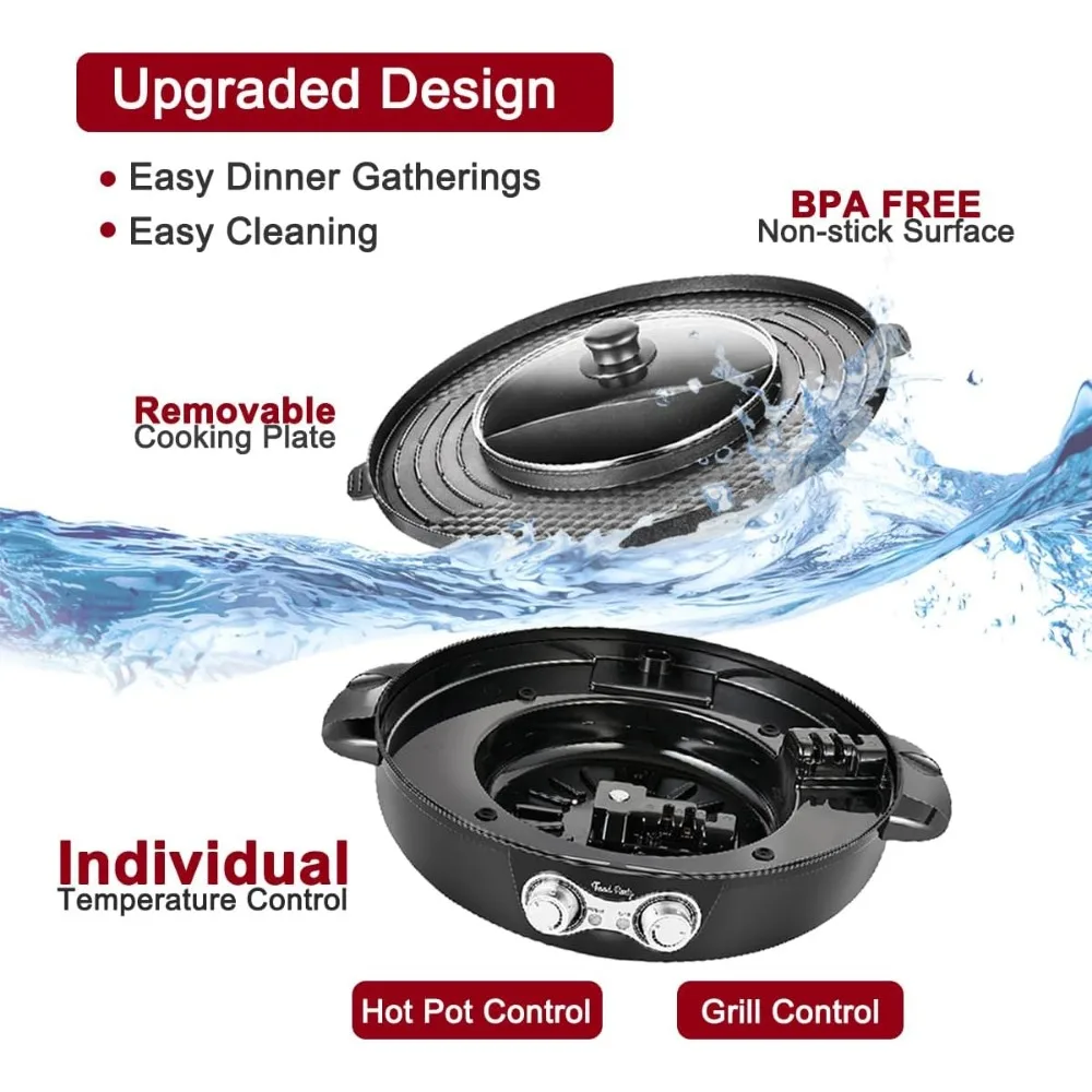 Electric Smokeless Grill and Hot Pot, With Separable Cooking Plate, Deluxe Combo of 1 Recipe Book, 1 Tong, Oil Brush