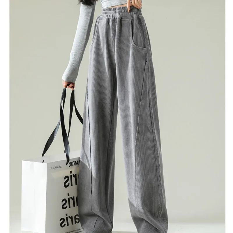Women's Autumn Winter Solid Elastic High Waist Shirring Pockets Distressed Casual Wide Leg Loose Trousers Office Lady Pants