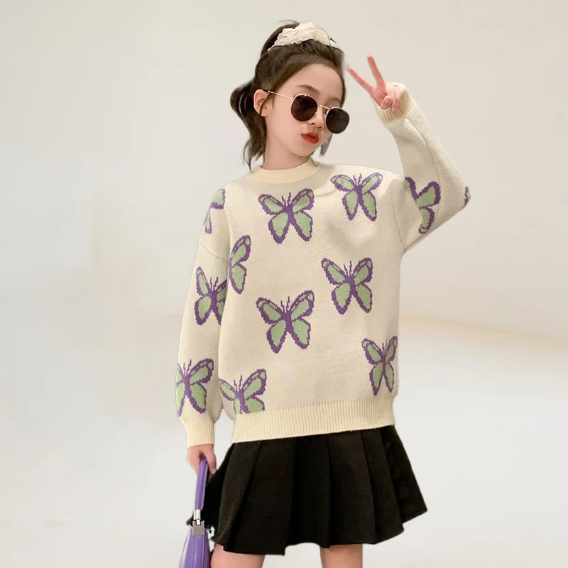 

Autumn Girls Knitwear Butterfly Pattern Sweater O-Neck Pullovers Long Sleeve Warm Jumper Sweater Fashion Casual Clothes 5 To 12