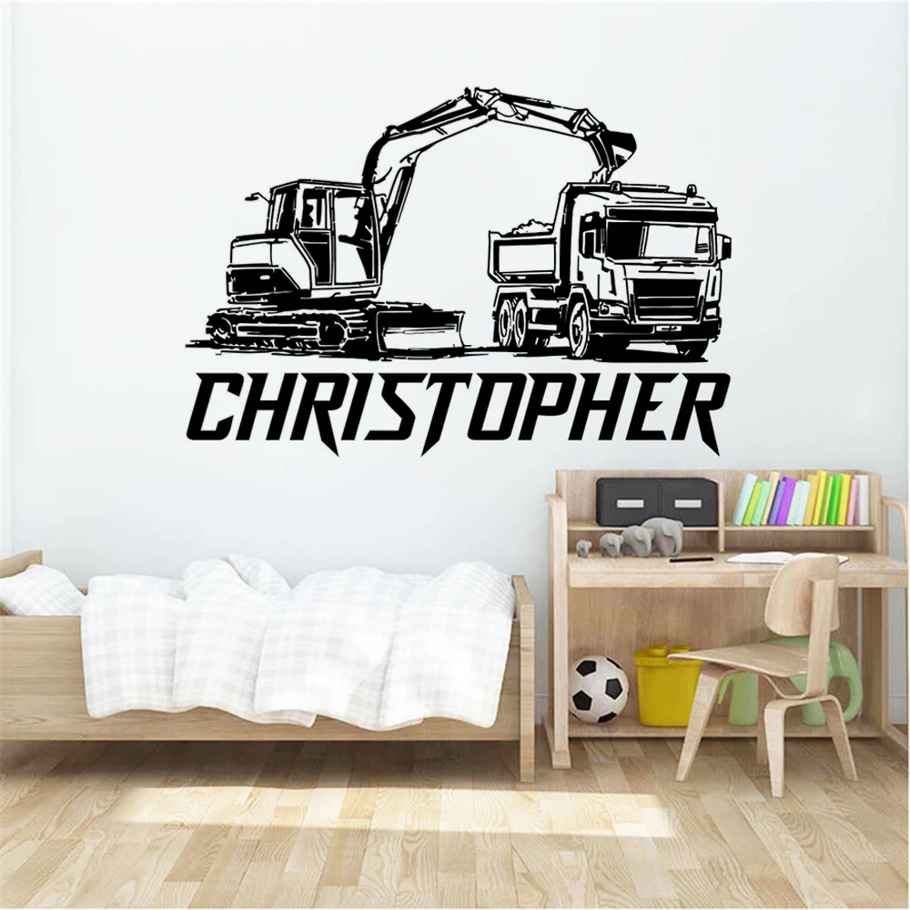 

Personalized Custom Name Vinyl Wall Stickers Construction Worksite Dump Excavator Decals Kids Rooms Nursery Decor Murals HJ1310