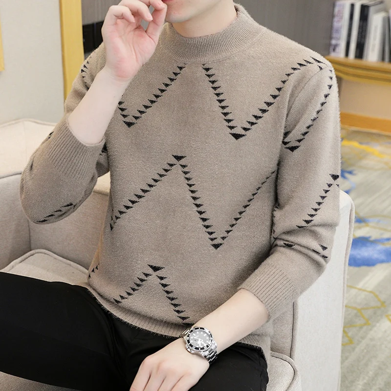 

Men Geometric Knitted Sweater Asian Size Mock Neck Slim Fit Pullovers Sweatshirts Winter Korean Sueteres Para Hombre Streetwear