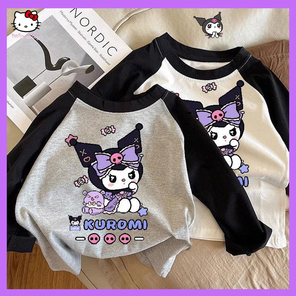 

Sanrioed Anime Kuromi Girls Long Sleeved Cotton T-Shirt Clothes kawaii spring Autumn Fashion Korea Kid white casual Teenage Tee