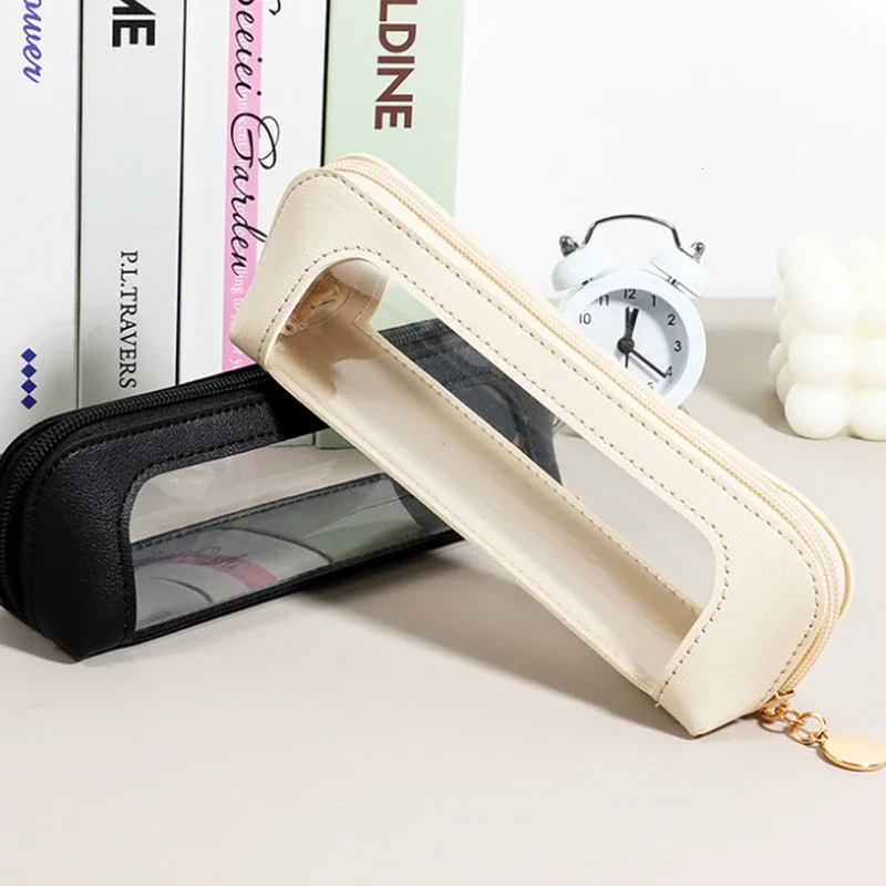 PU Pencil Case Portable Waterproof Transparent Cosmetic Bag Zipper Makeup Brush Storage Bag Sundries Organizers Stationery Gifts