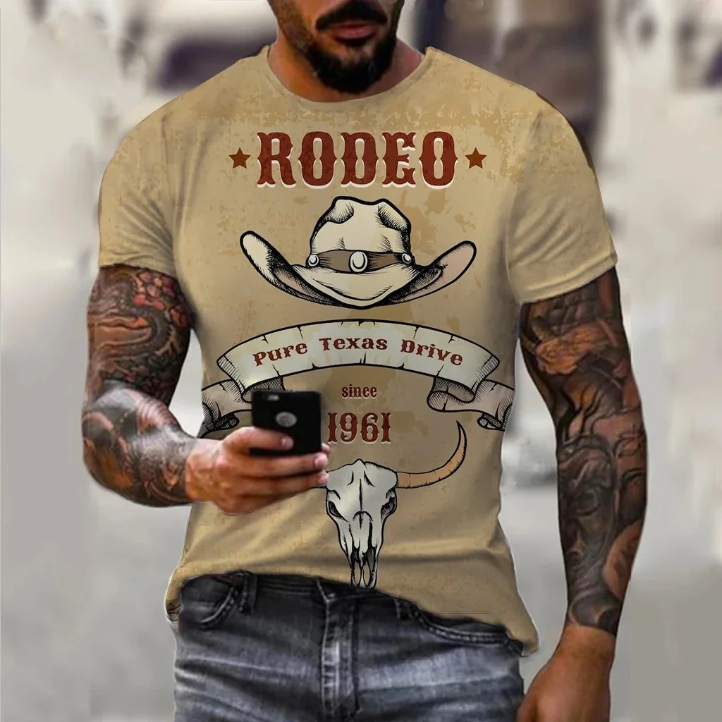Vintage-Cowboy-T-Shirts-For-Mens-Clothing-Short-sleeved-Tops-Retro ...
