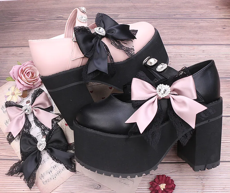 Lolita Handmade Shoes Clip Japanese Style Sweet Heart Shape Rhinestone Big Bow Lace Shoes Clip Women's Shoe Buckle Accessories