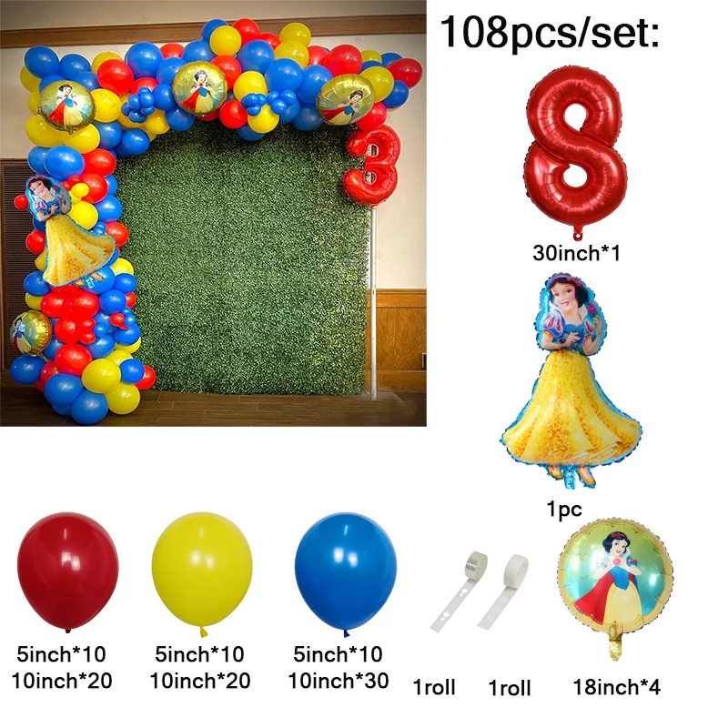 thumbnail image 1 of Kit de 108 guirnaldas de globos de Blancanieves y las princesas de Disney, globos de aluminio con números de 30 pulgadas, decoración para fiestas de cumpleaños, suministros para baby shower, 1 of 5