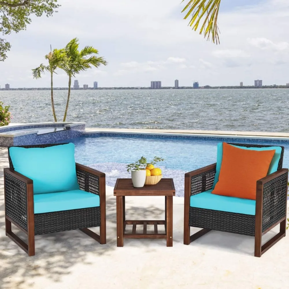 3 Pieces Patio Wicker Furniture Set, Rattan Outdoor Sofa Set w/Washable Cushion & Acacia Wood Coffee Table, Conversatio 3