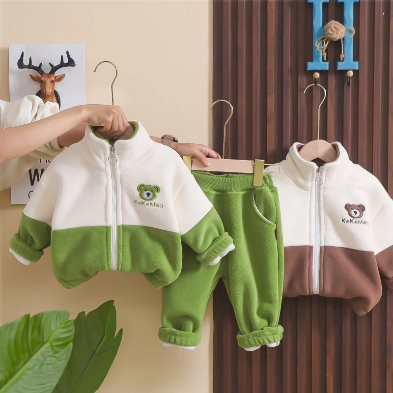 

Children's Suit Autumn and Winter Clothing Fashionable Stylish Boys and Girls Stitching Little Bear Cartoon Pattern Two-Piece Se