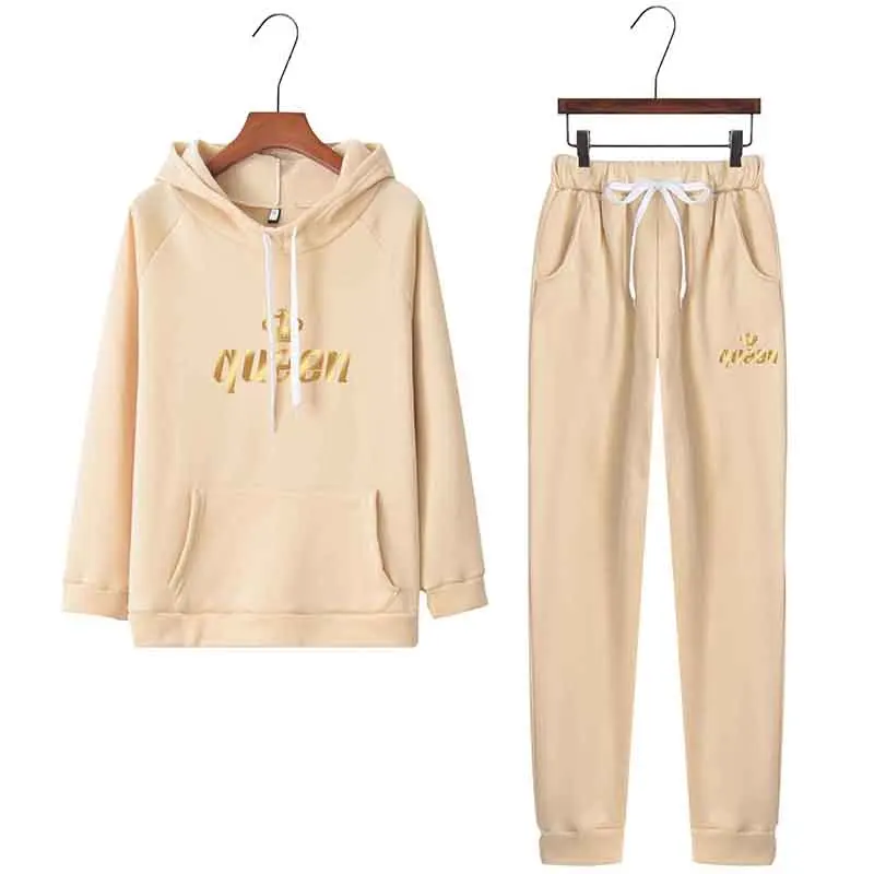 Tuveke women's autumn and winter latest Queen logo print tracksuit tracksuit drawstring solid color commuter women's suit
