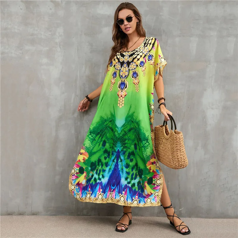 Bohemian print Bikini Cover-up Casual V-neck Loose Summer Dress chiffon Tunic Women Beach Wear Bathing Suit Cover Up