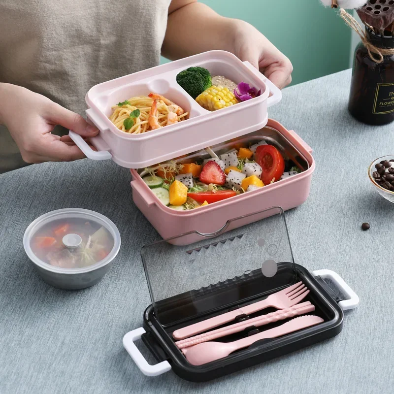 2 Layers Lunch Box Stainless Steel Microwave Heating Lunch Container Food Storage Box Bento Box For School Kids Office Worker