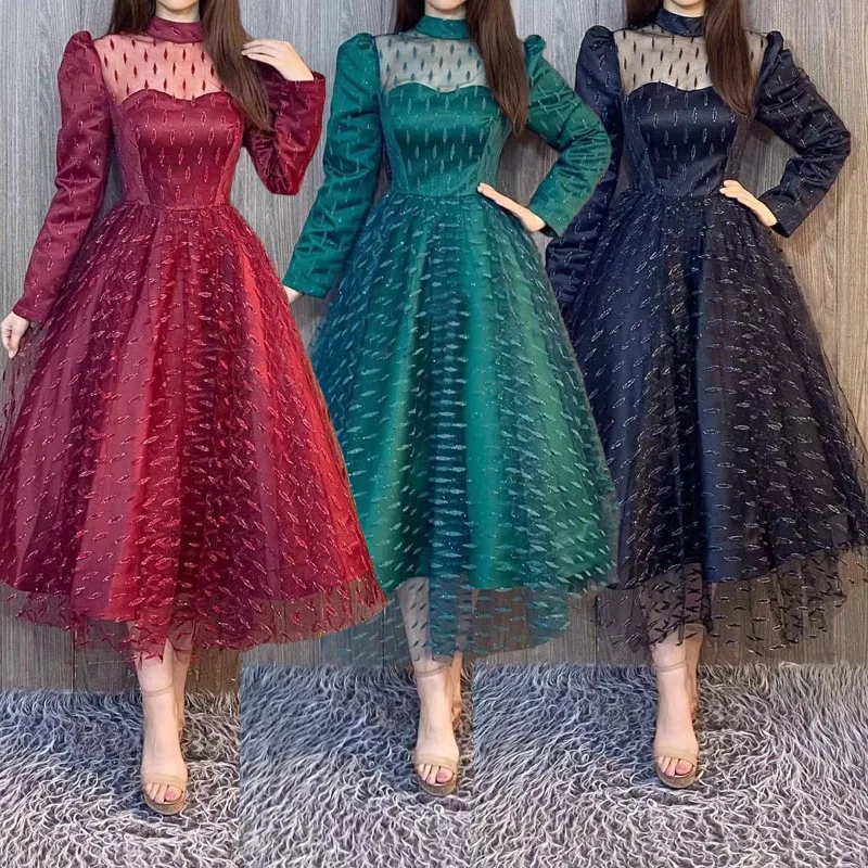 

Summer Autumn Elegant Party Formal Dress Women Lace Mesh See-through Dress Women Puff Sleeve O-Neck High Waist Pleated Dress