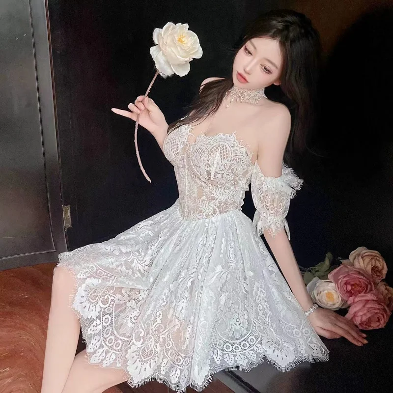 

Celebrity Sexy Lace Strapless Dress Women Fashion Tunic Waist Irregular Off Shoulder Puffy Party Dress Half Sleeves White Dress