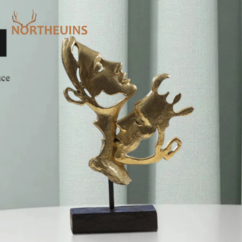 

NORTHEUINS Resin Golden Couple Mask Statues Abstract Art Lover Figurines Home Interior Bedroom Desktop Decor Accessories Objects