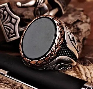 Punkboy Retro Style Men's Ring Craved Pattern Black Egg-shaped Crystal Silver Color Ring for Male Party Jewelry Size 6-13 HJZ024XS