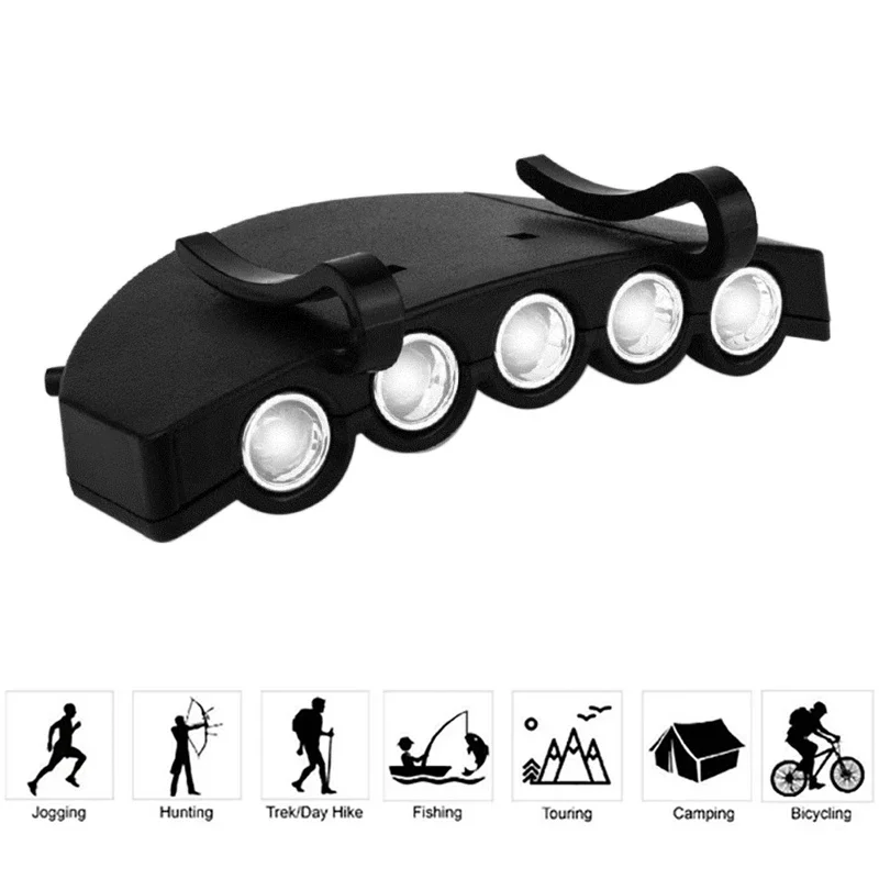Head Flashlight Outdoor Bright 5-LED Cap Light Headlight Battery HeadLamp Head Flashlight Head Cap Hat Light Clip On Night Fishing Lights