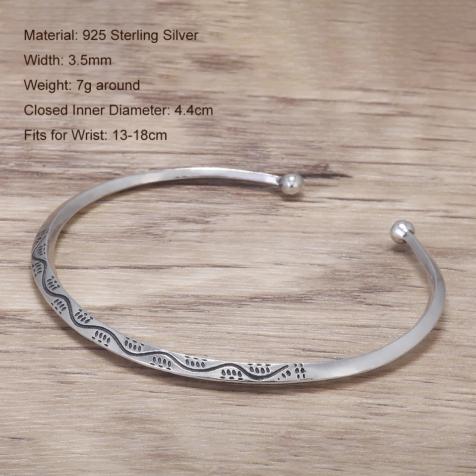 925 Sterling Silver Wave Thin Open Cuff Bracelet for Women Men