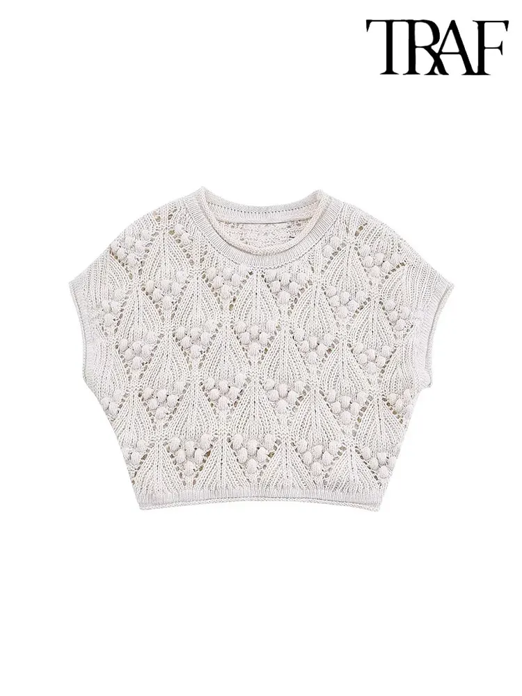 

TRAF 2023 Spring Autumn Women Hollow Out Short Knit Sweater Fashion Sleeveless Vintage O-Neck Causal Pullover Loose Tops