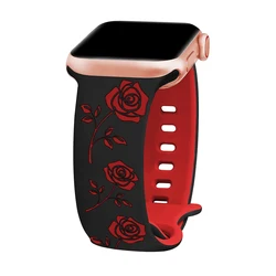 Engraved Two-Tone Rose Silicone Watch Band for 42-44-45-46-49mm (Black red)