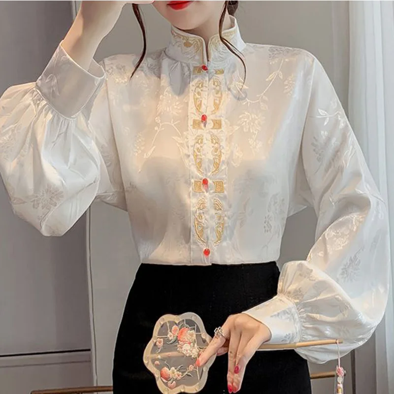 New Summer Elegant Fashion Solid Color Print Retro Office Lady Women's Clothing Chinese Style Embroidery Turtleneck Tops