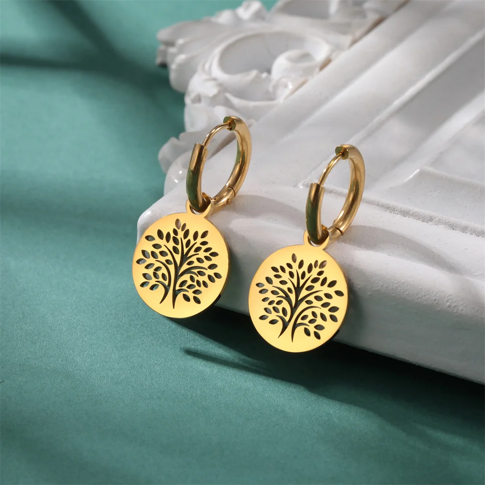 EUEAVAN Round Tree of Life Stainless Steel Drop Earrings for Woman Girls 2023 Trendy Good Luck Earring Amulet Jewelry Party Gift 4
