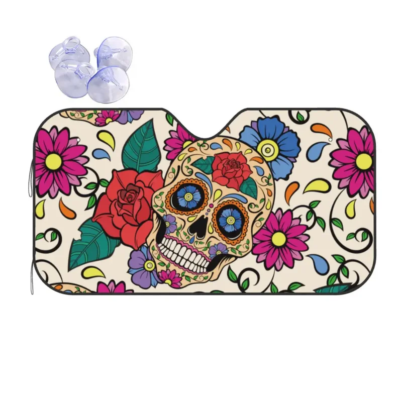 

Sugar Skull Mexican Skeleton Sunshade Windscreen Day of the Dead Halloween Car Front Window Sun Visor Sunscreen Curtain